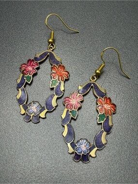💕2/$20 Floral Cloisonné  Drop Earrings in Purple and Pink